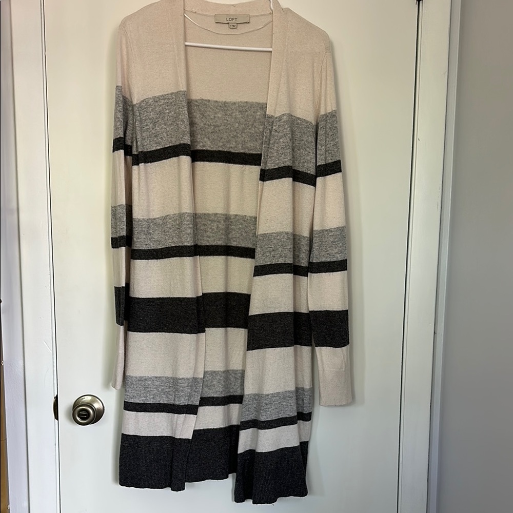 LOFT Black and Gray Striped Cardigan Sweater
